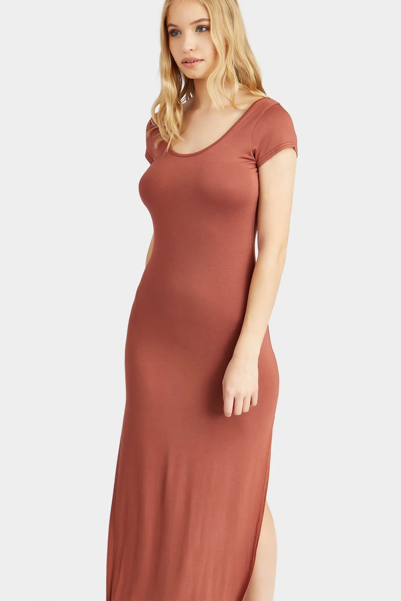 Chestnut Cap Sleeve Side Split Maxi Dress