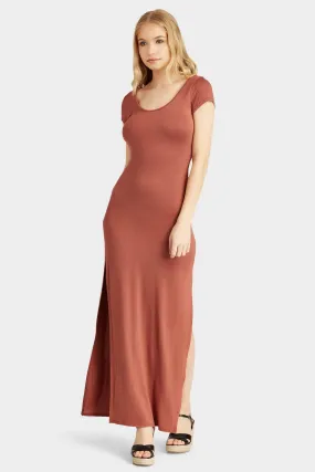 Chestnut Cap Sleeve Side Split Maxi Dress