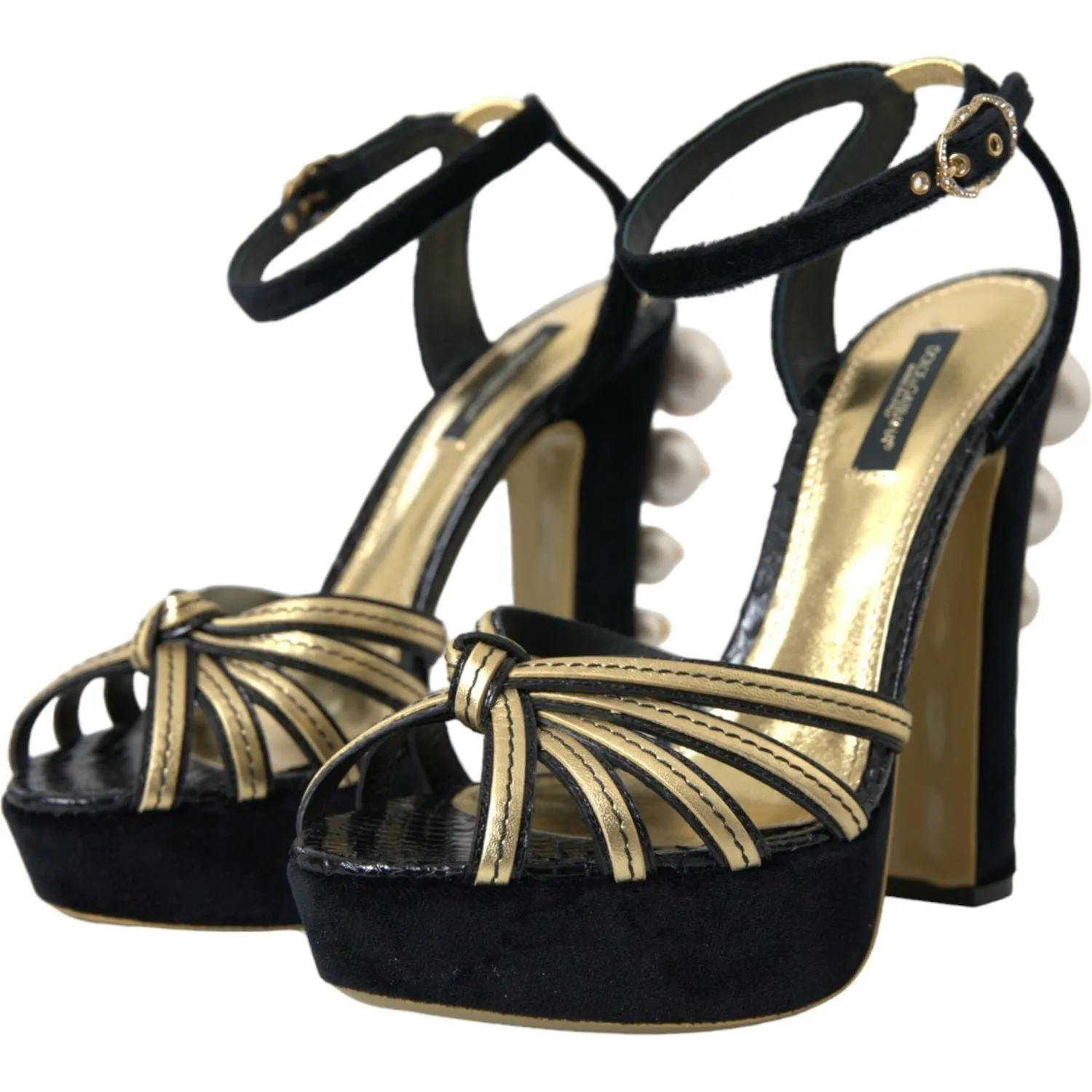 Dolce & Gabbana Black Gold Embellished Heels Sandals Shoes