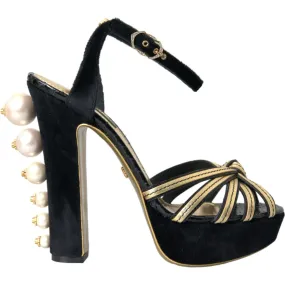 Dolce & Gabbana Black Gold Embellished Heels Sandals Shoes