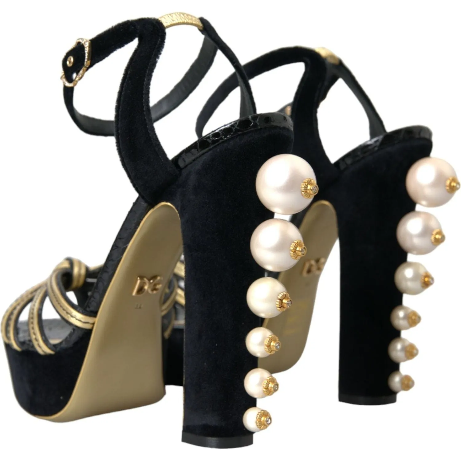 Dolce & Gabbana Black Gold Embellished Heels Sandals Shoes