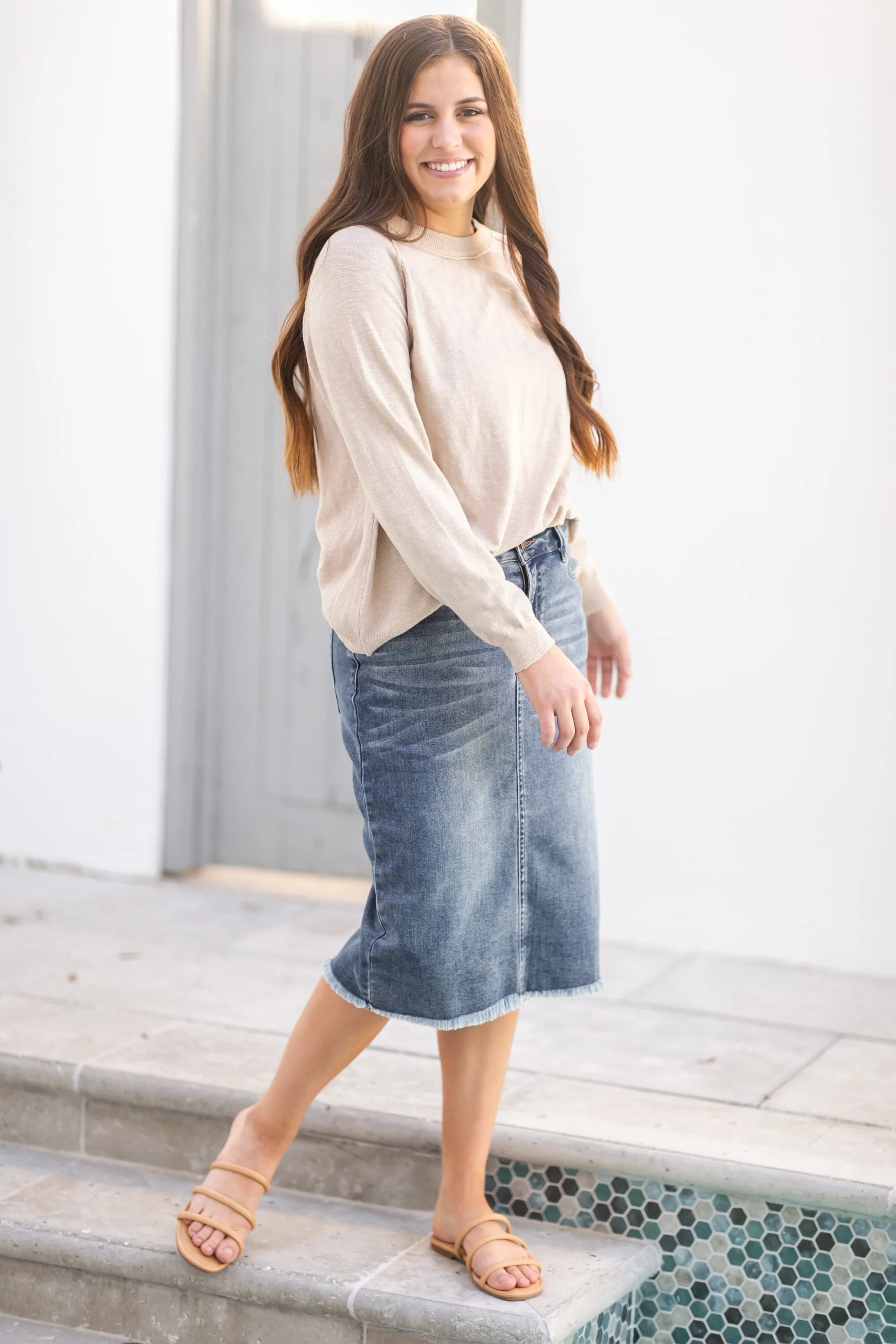 Drew Vintage Wash Raw Hem Midi Denim Skirt - FINAL SALE