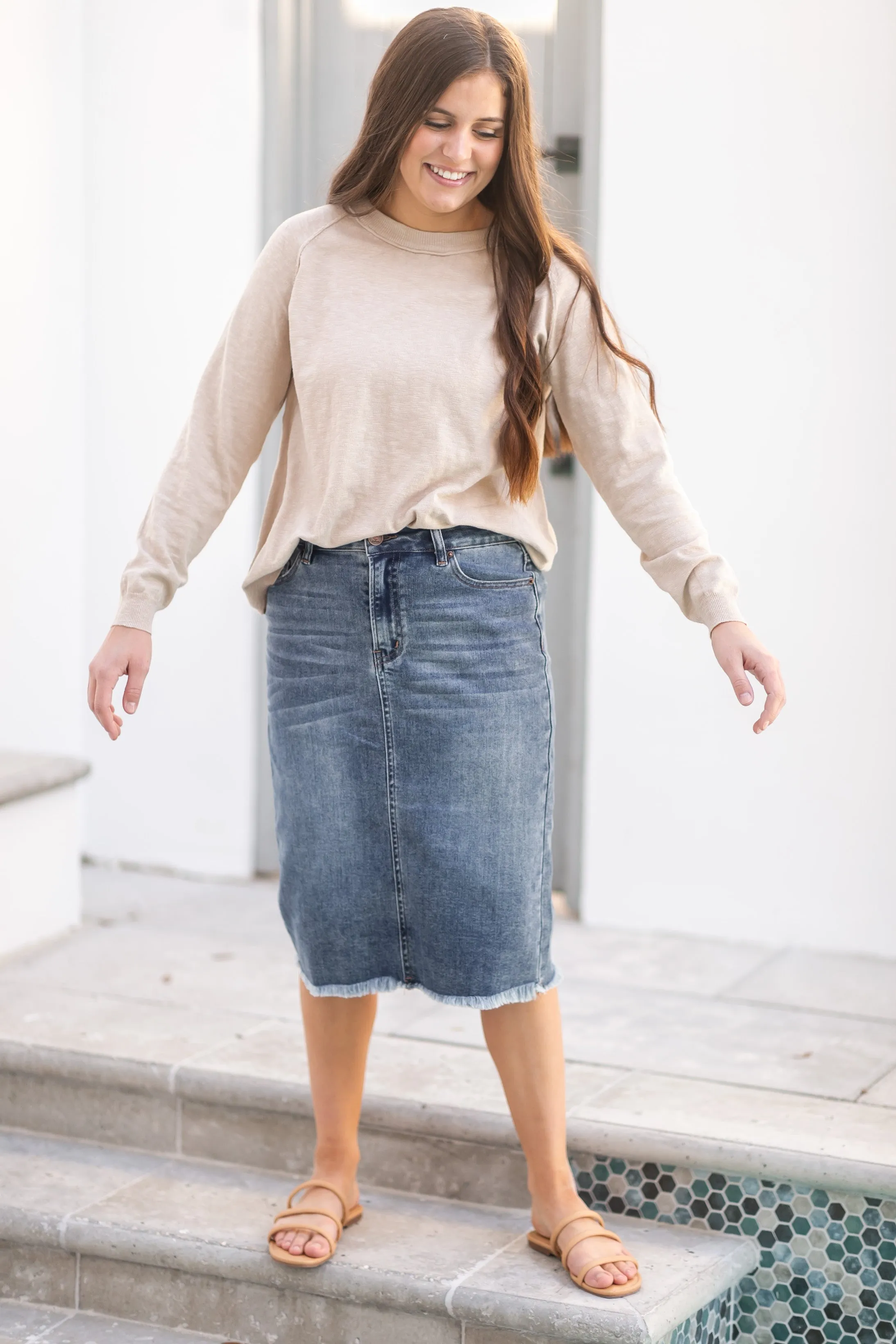 Drew Vintage Wash Raw Hem Midi Denim Skirt - FINAL SALE