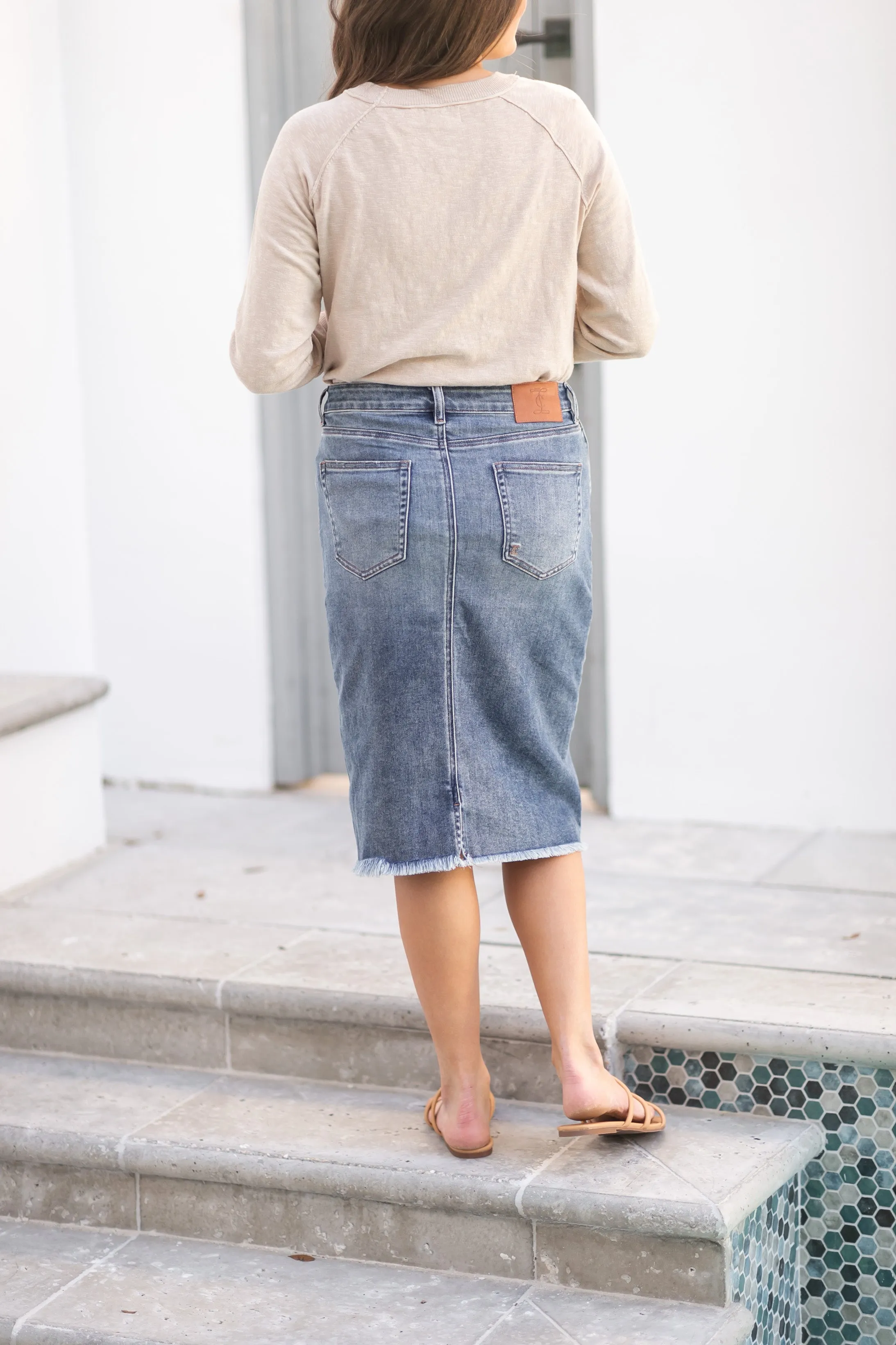 Drew Vintage Wash Raw Hem Midi Denim Skirt - FINAL SALE