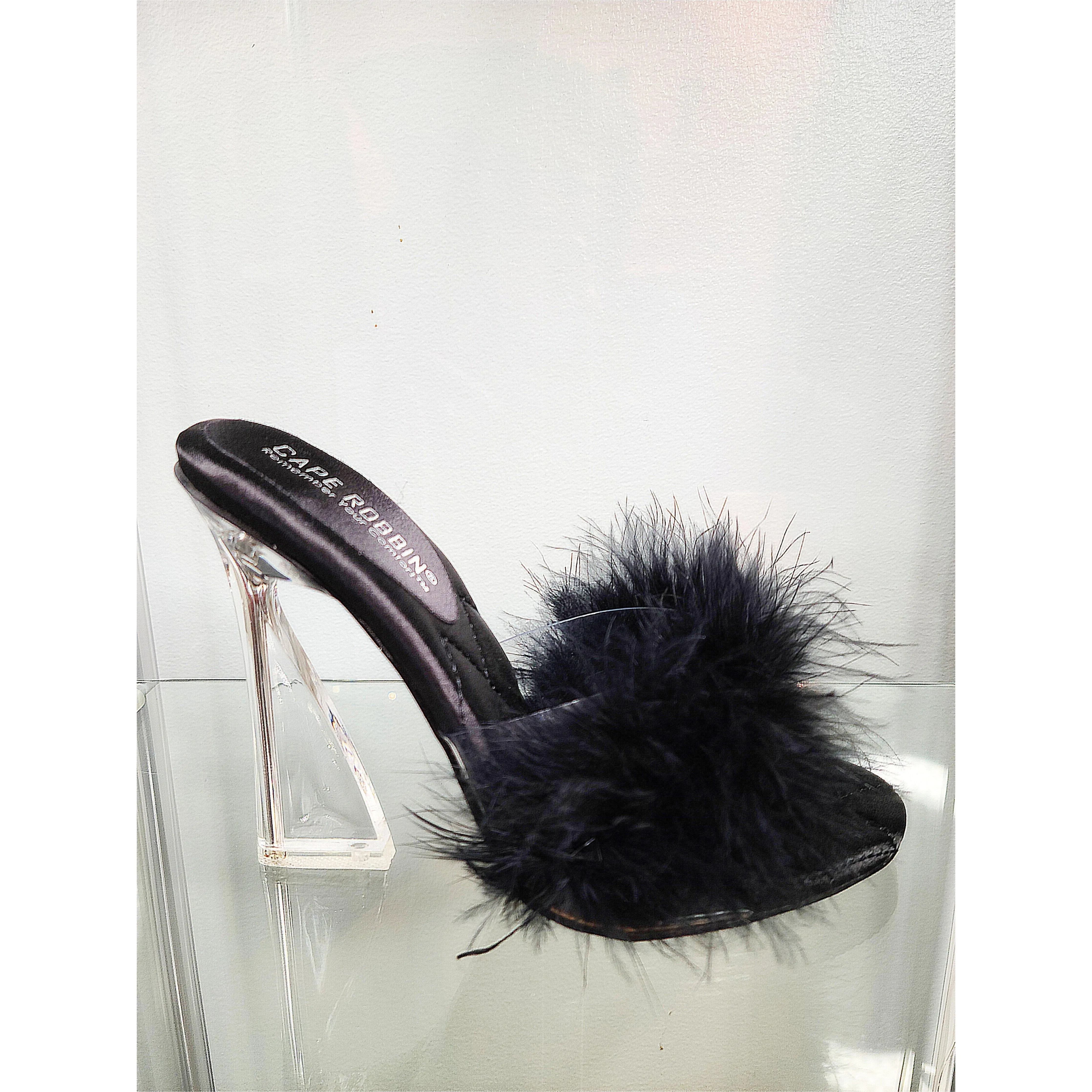 Emberly Faux Feather Mule - Black