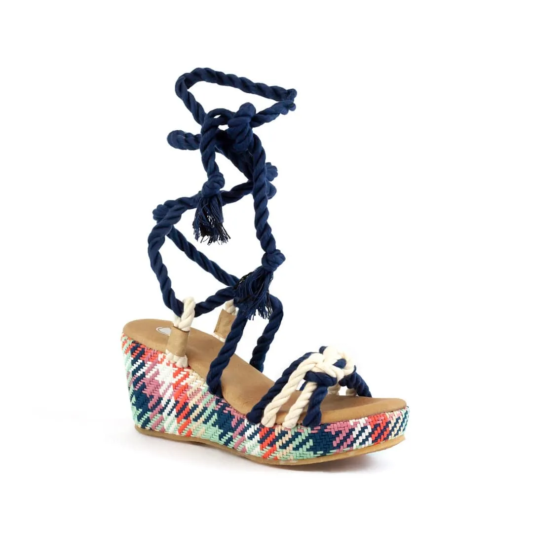 Evelyn Vegan Cotton Rope Wedge Sandals | Blue