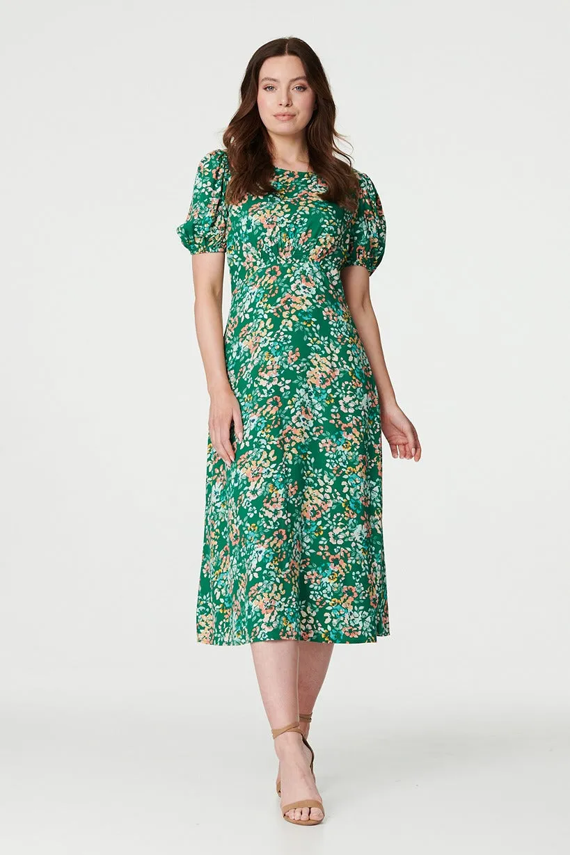 Floral Puff Sleeve Ruched Midi Dress