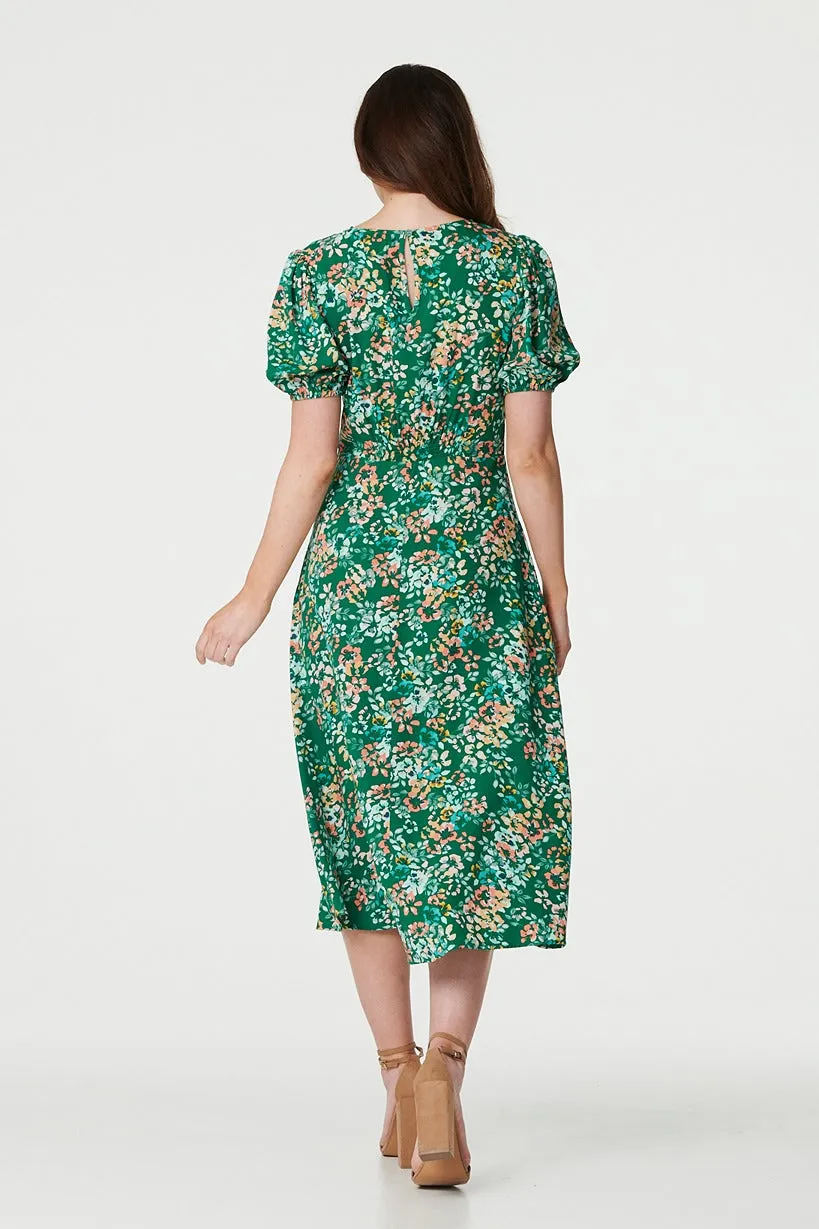 Floral Puff Sleeve Ruched Midi Dress