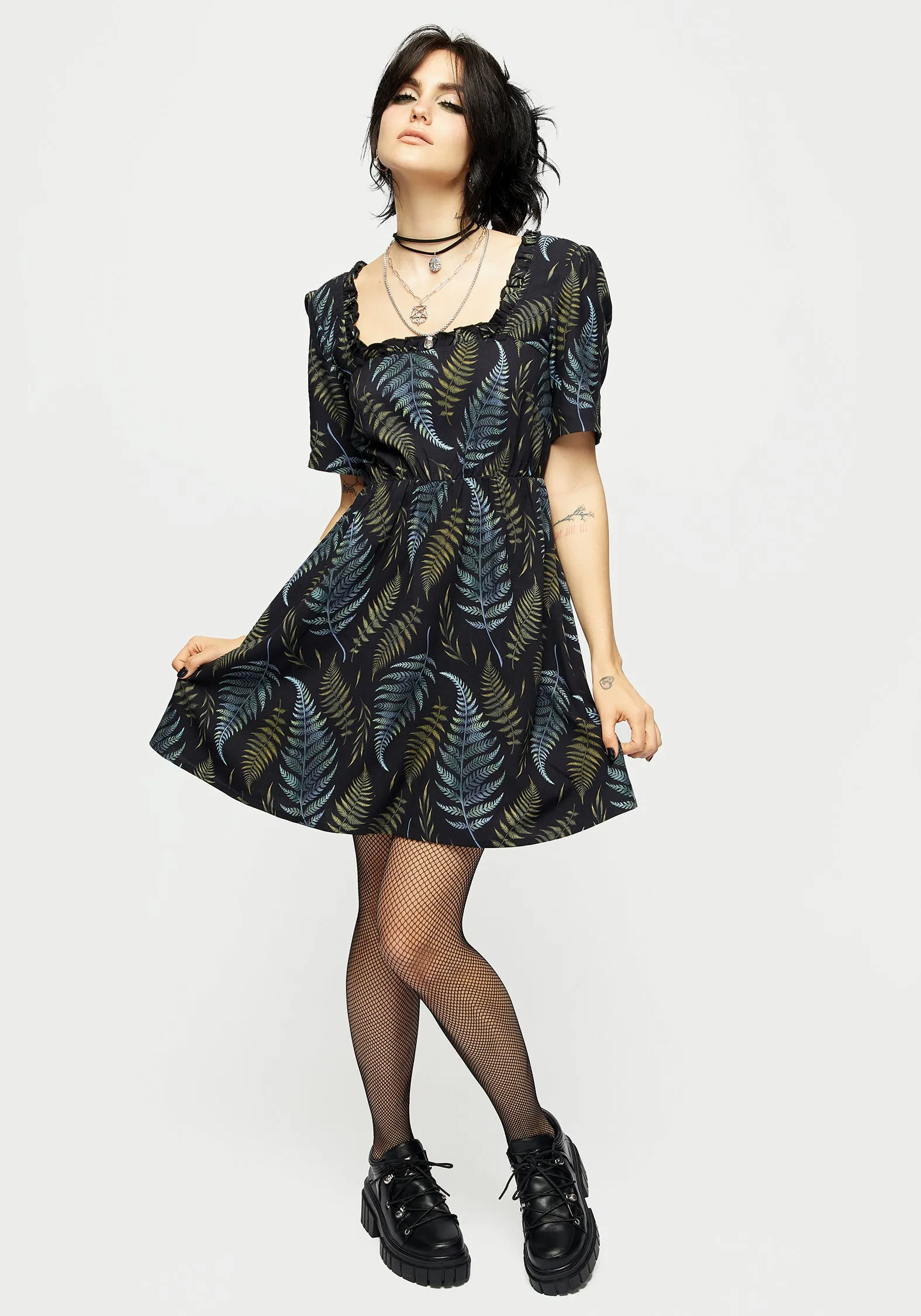 Frond Print Ruffle Shirred Mini Dress