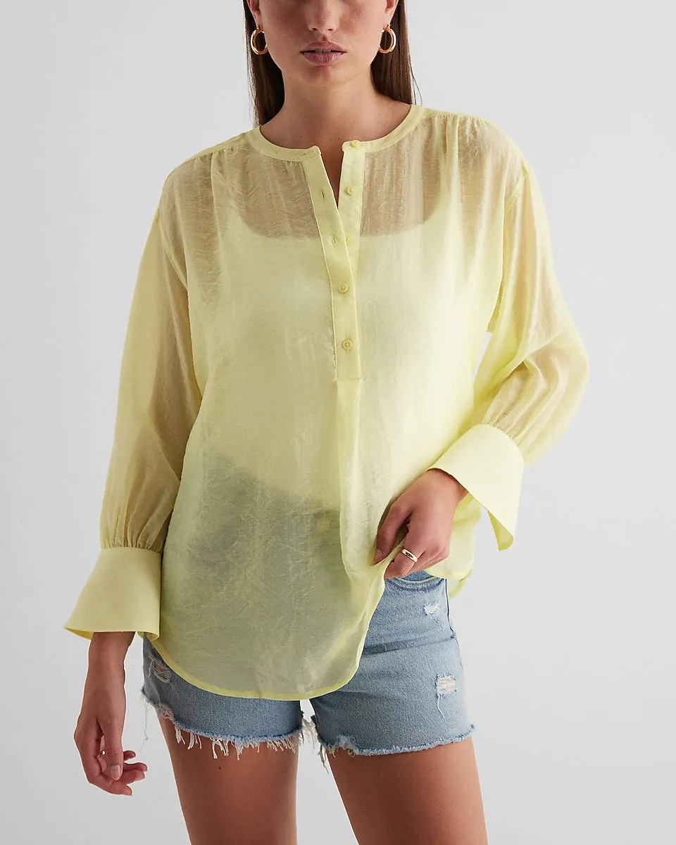 Gathered Sleeve Half Button Up Shirt in Citrus