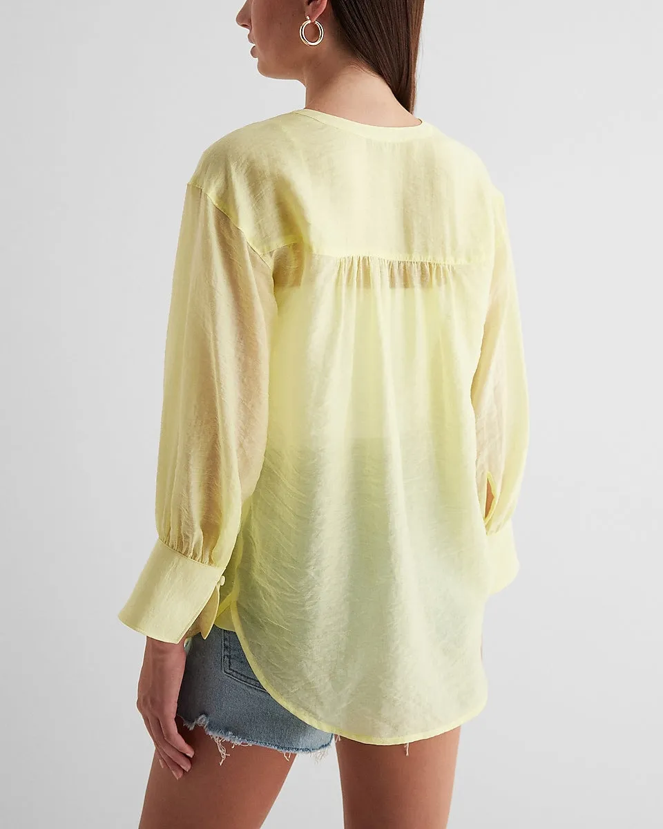 Gathered Sleeve Half Button Up Shirt in Citrus