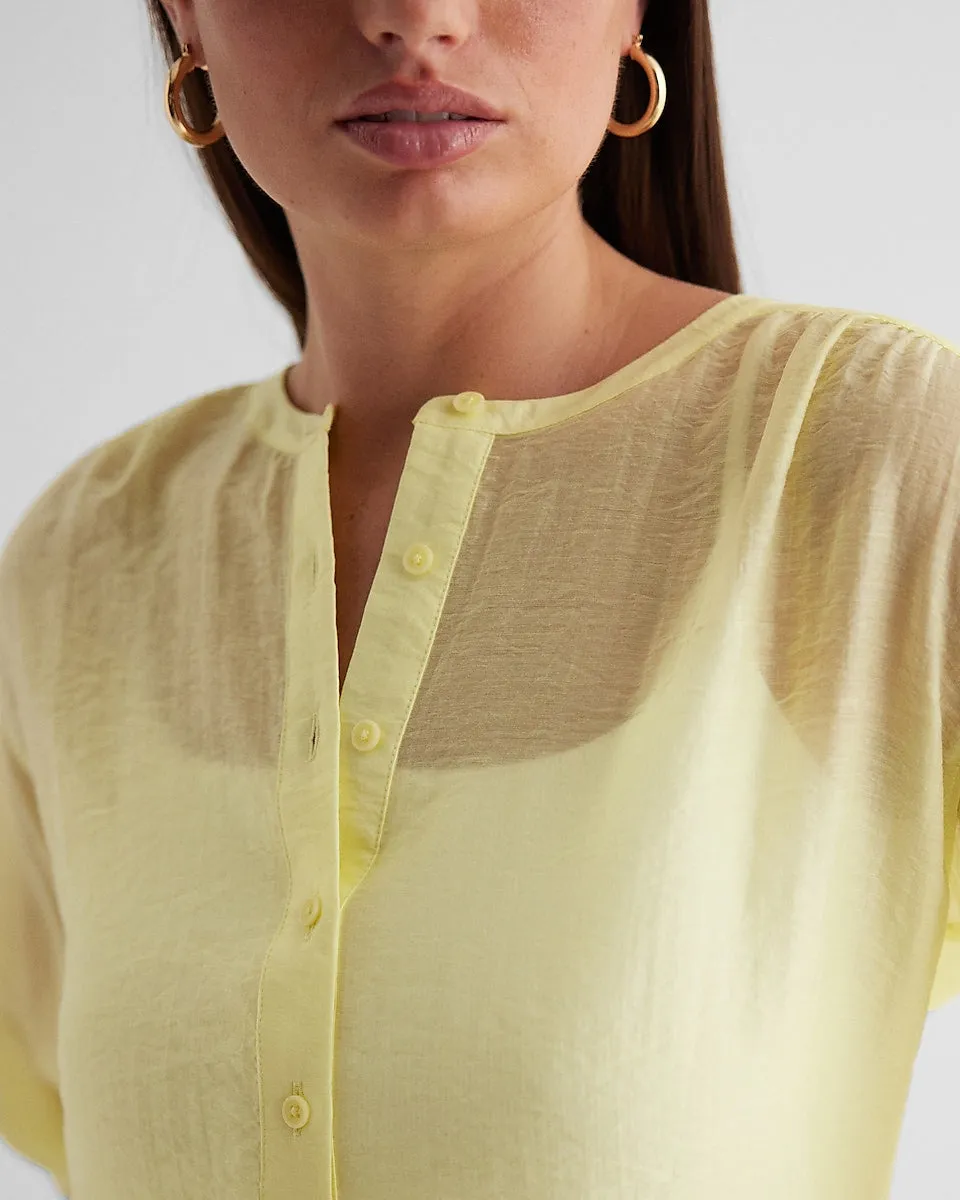 Gathered Sleeve Half Button Up Shirt in Citrus