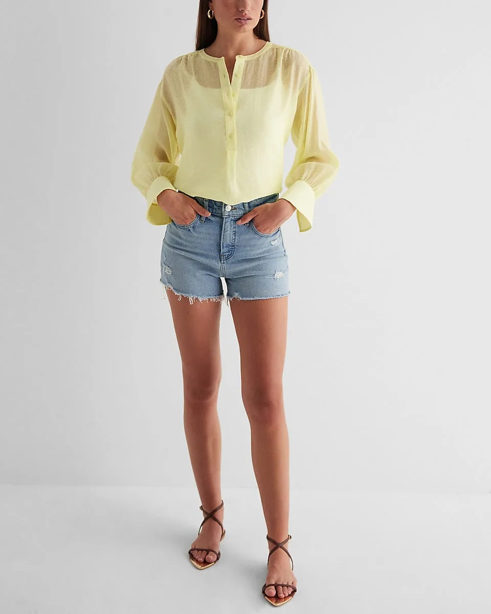 Gathered Sleeve Half Button Up Shirt in Citrus