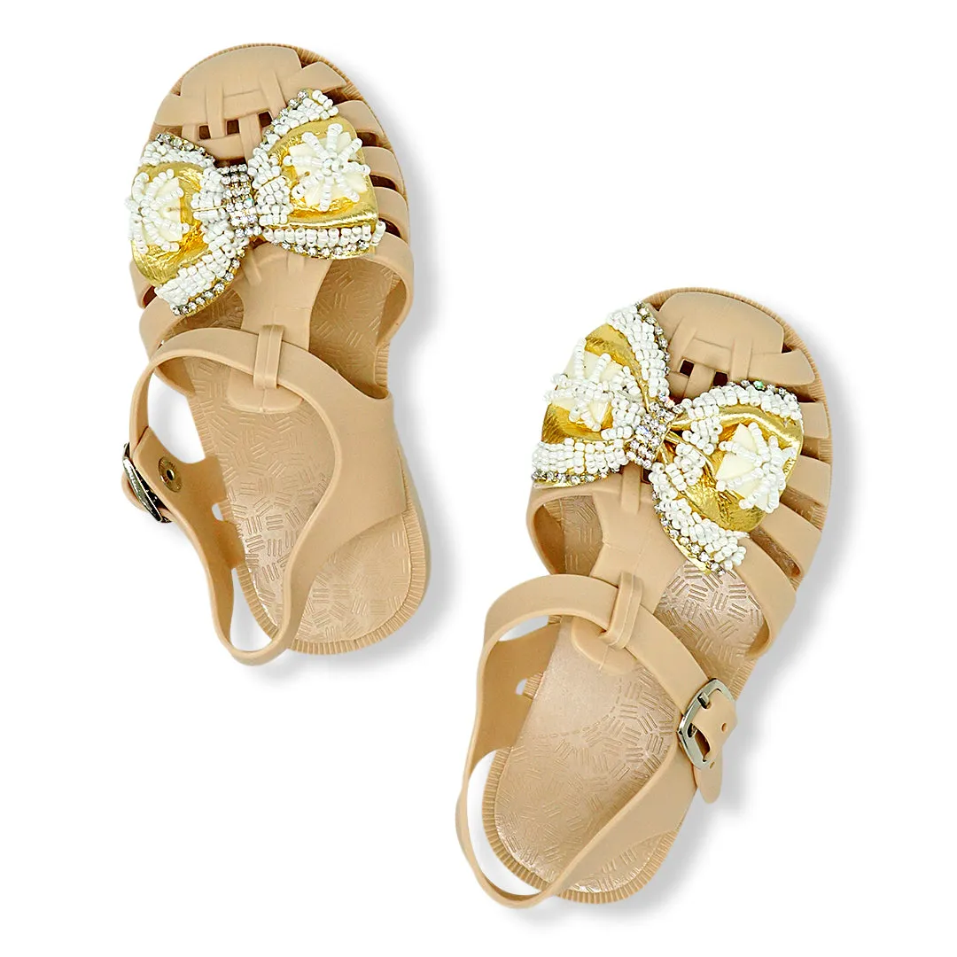 Gold Bow Beaded Embellished Jelly Sandal- Girls / Toddlers Shoes