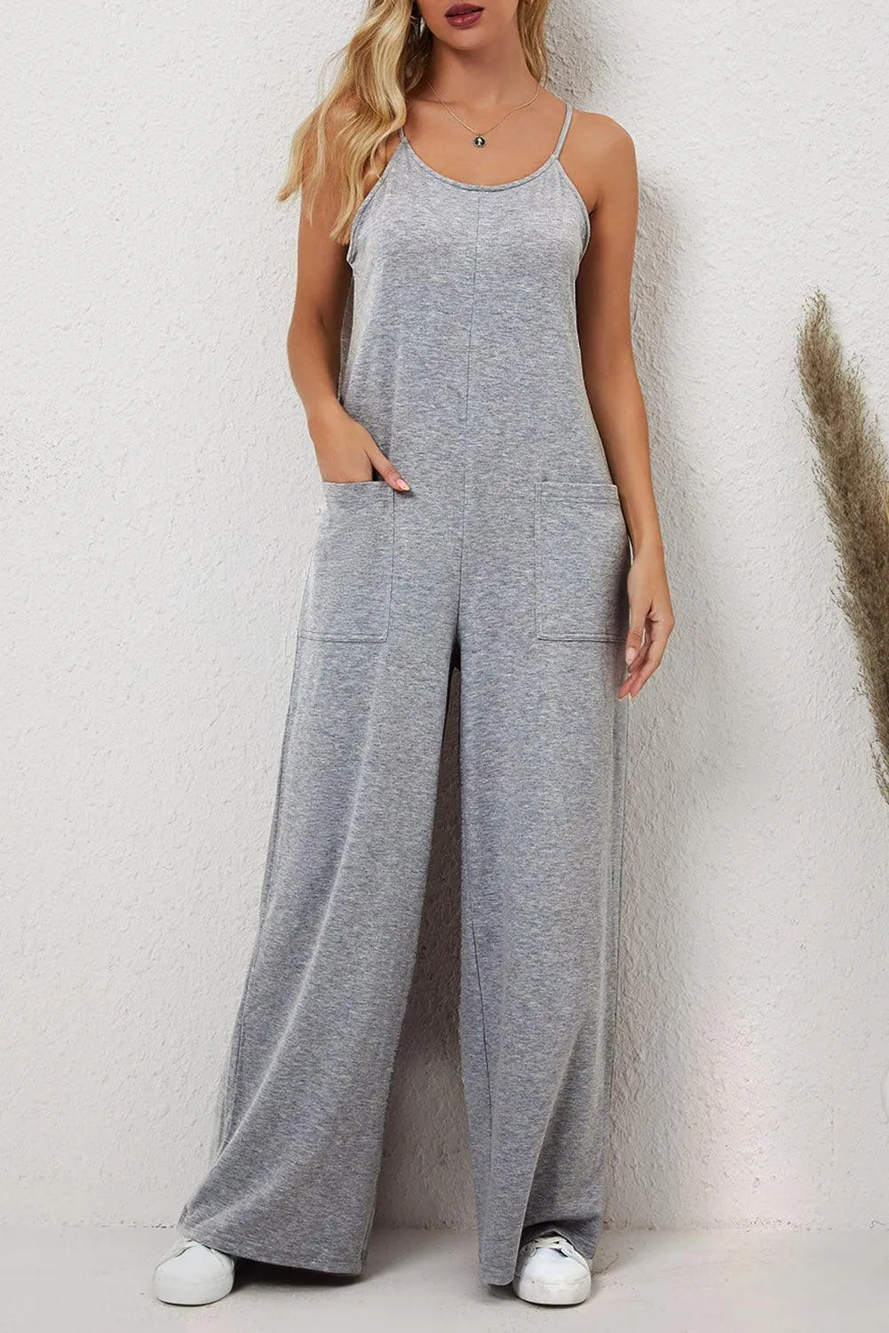 Gray Patch Spaghetti Strap Cotton Jumpsuit with Pockets