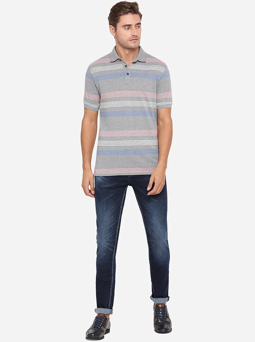 Grey Striped Slim Fit Polo T-Shirt | JadeBlue