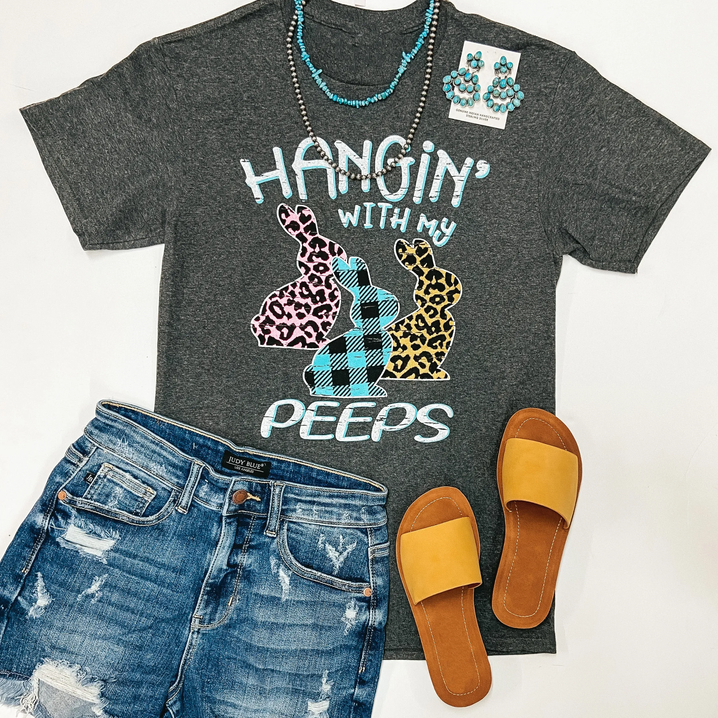 Hangin' With My Peeps Mixed Print Easter Graphic Tee in Charcoal Grey