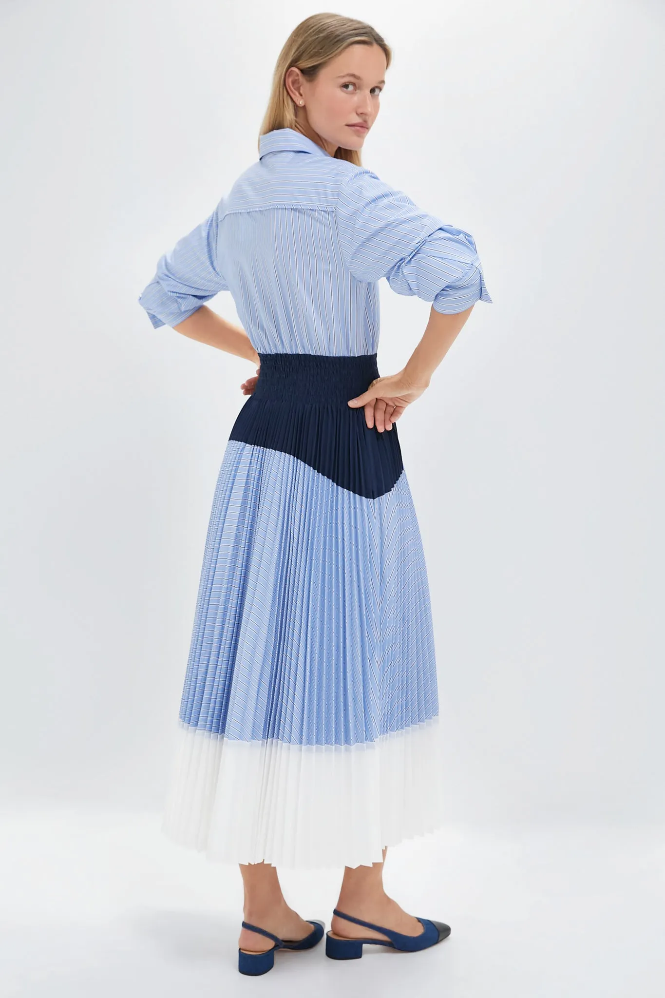 Harbor Blue Stripe Jenella Pleated Combo Dress