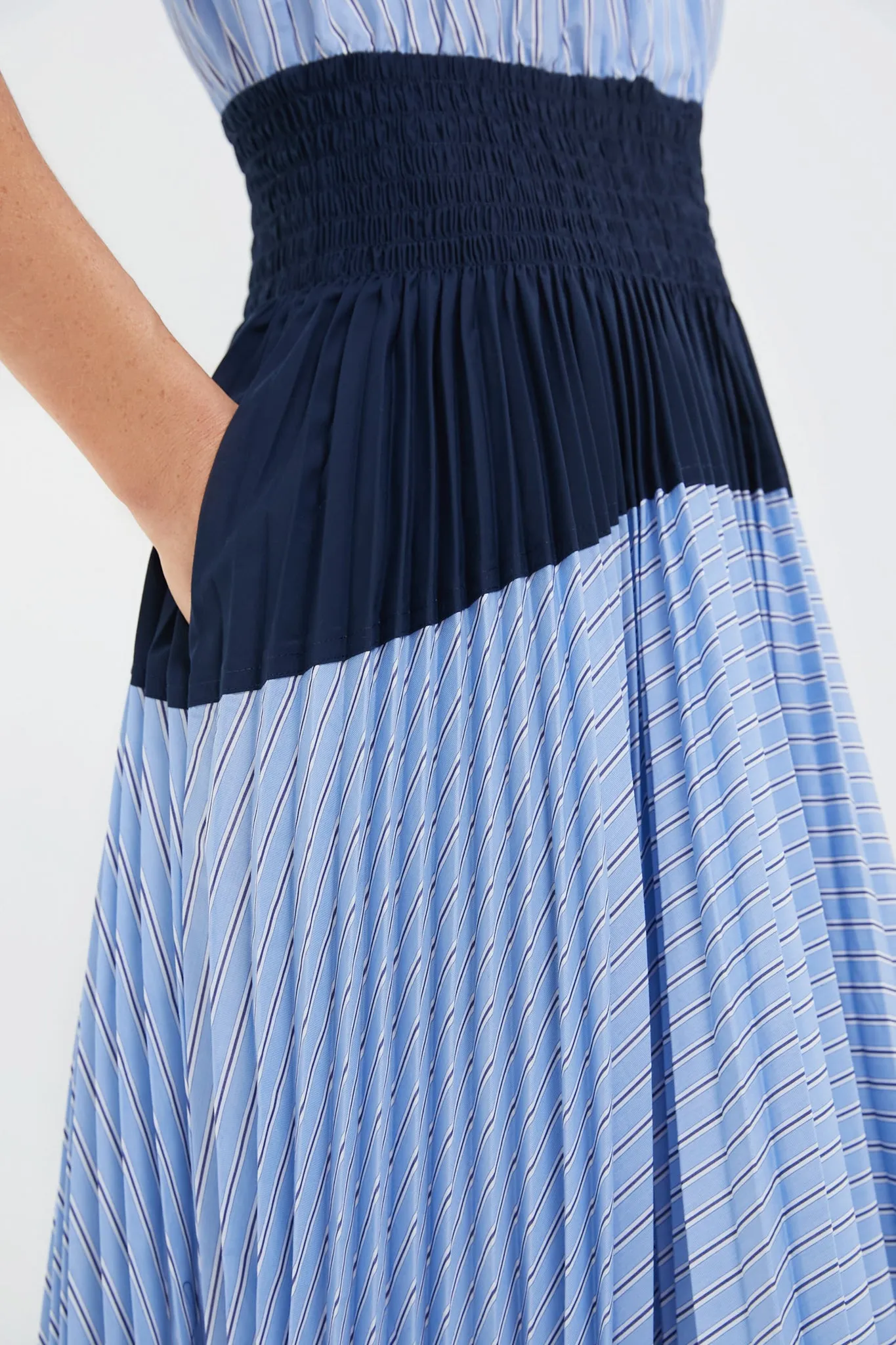 Harbor Blue Stripe Jenella Pleated Combo Dress