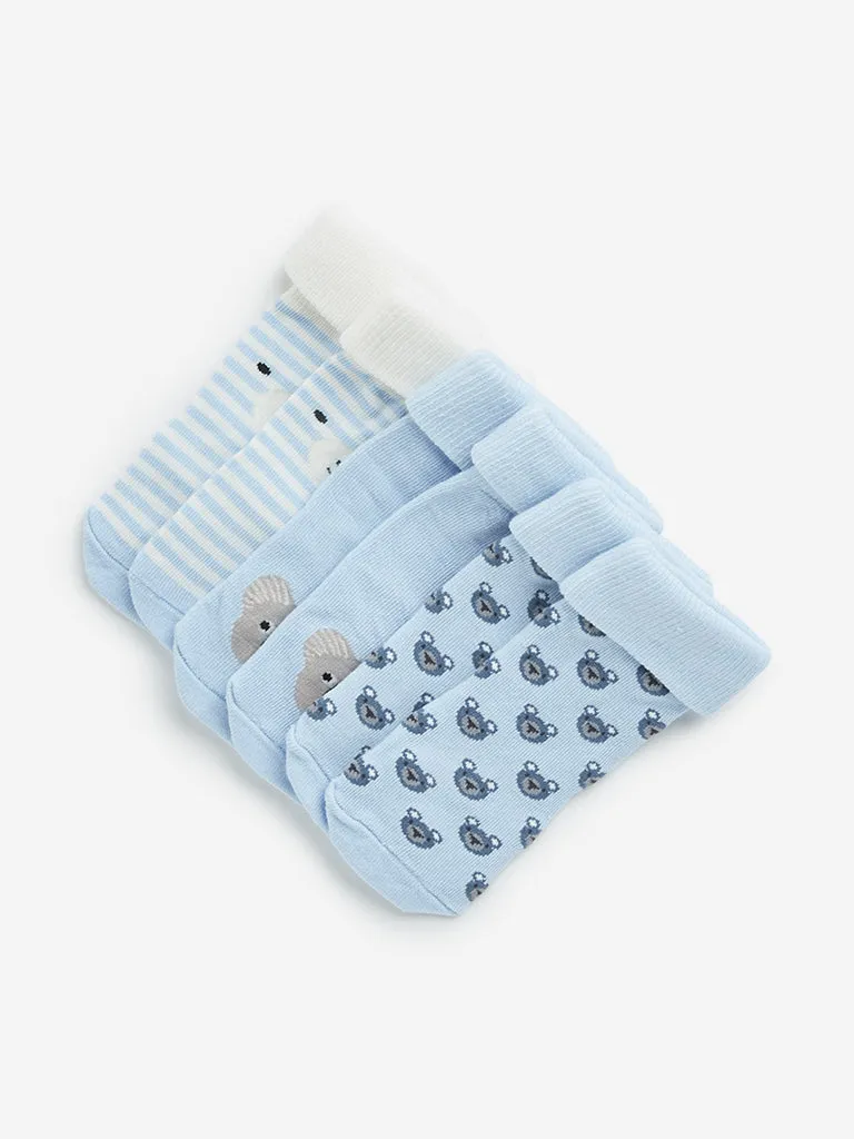 HOP Baby Blue Teddy Bear Printed Socks - Pack of 3