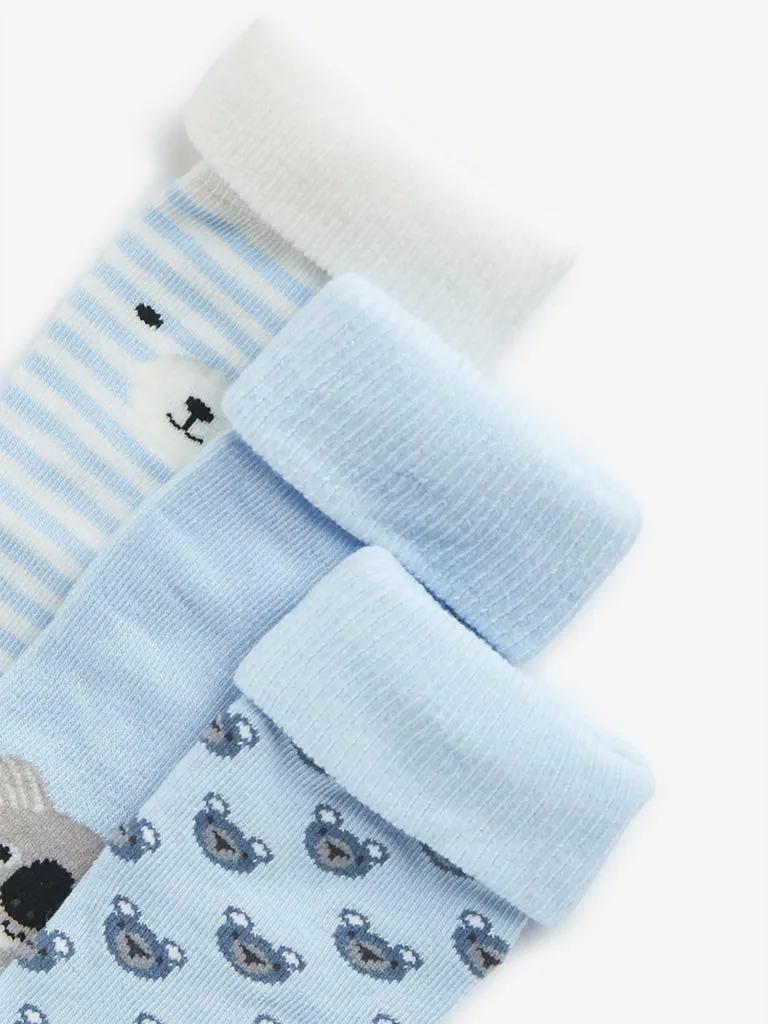 HOP Baby Blue Teddy Bear Printed Socks - Pack of 3