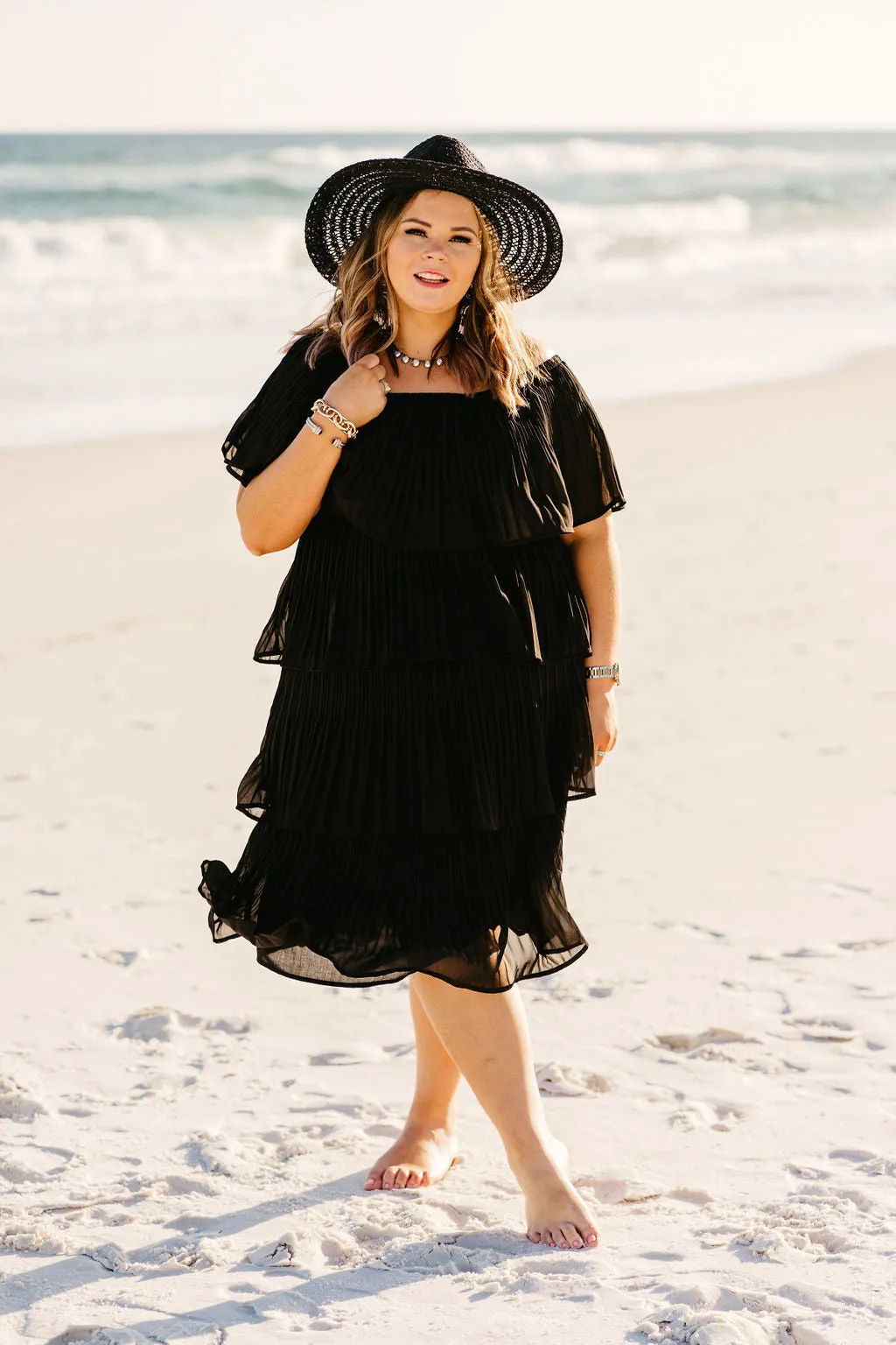 Last Chance Size Medium & 3XL | Take My Hand Off the Shoulder Ruffle Tiered Dress in Black