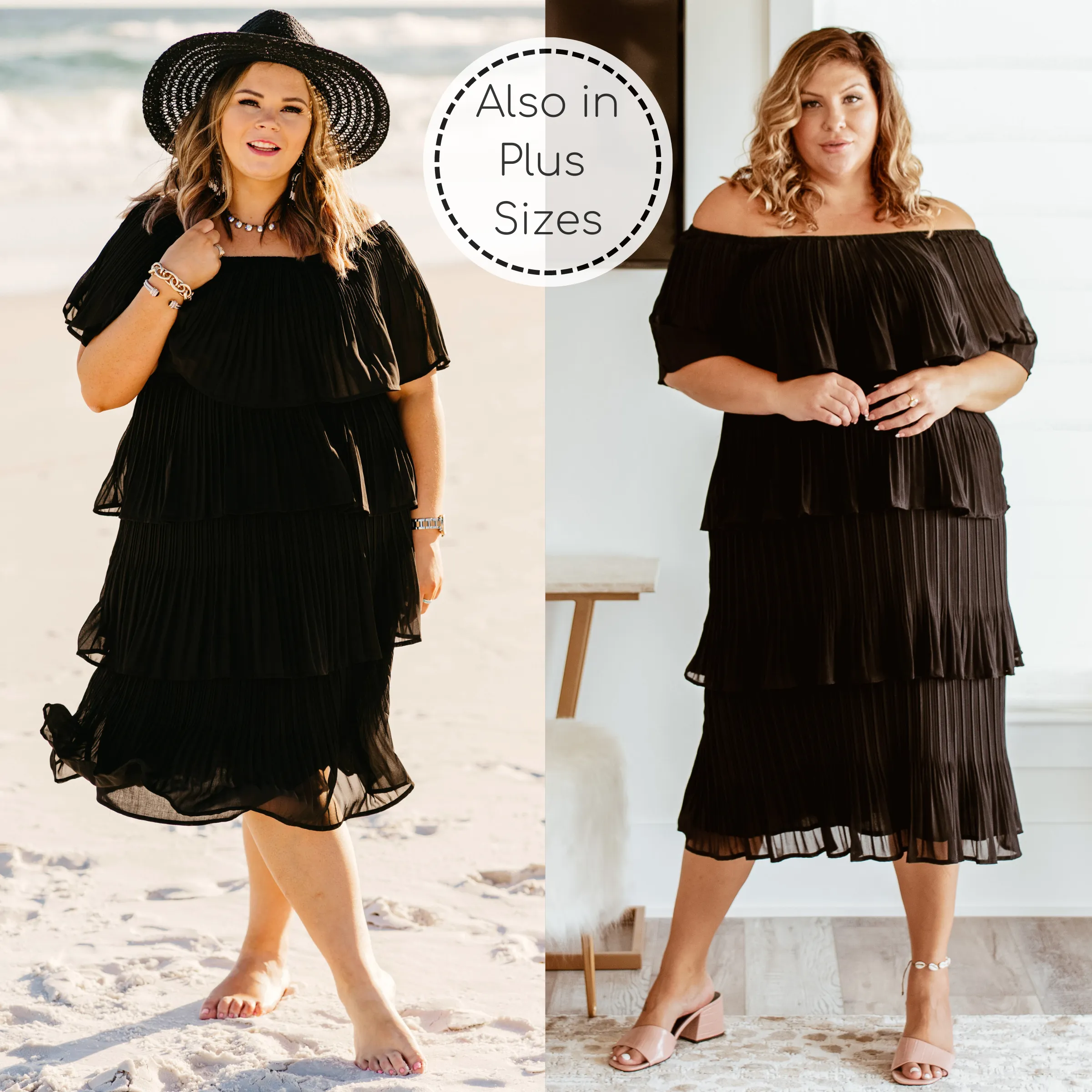 Last Chance Size Medium & 3XL | Take My Hand Off the Shoulder Ruffle Tiered Dress in Black