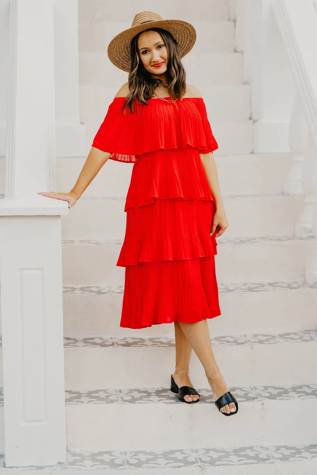 Last Chance Size Small & 2XL | Take My Hand Off the Shoulder Ruffle Tiered Dress in Red