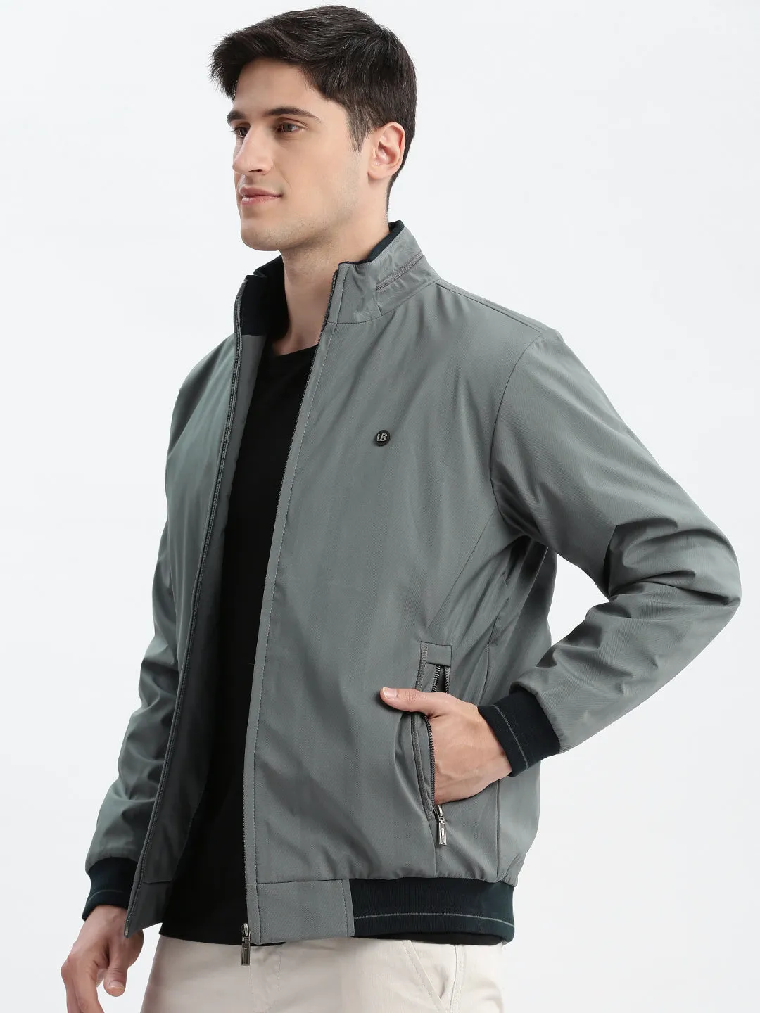 Men Geometric Mock Collar Grey Bomber Jacket