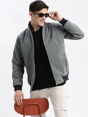 Men Geometric Mock Collar Grey Bomber Jacket