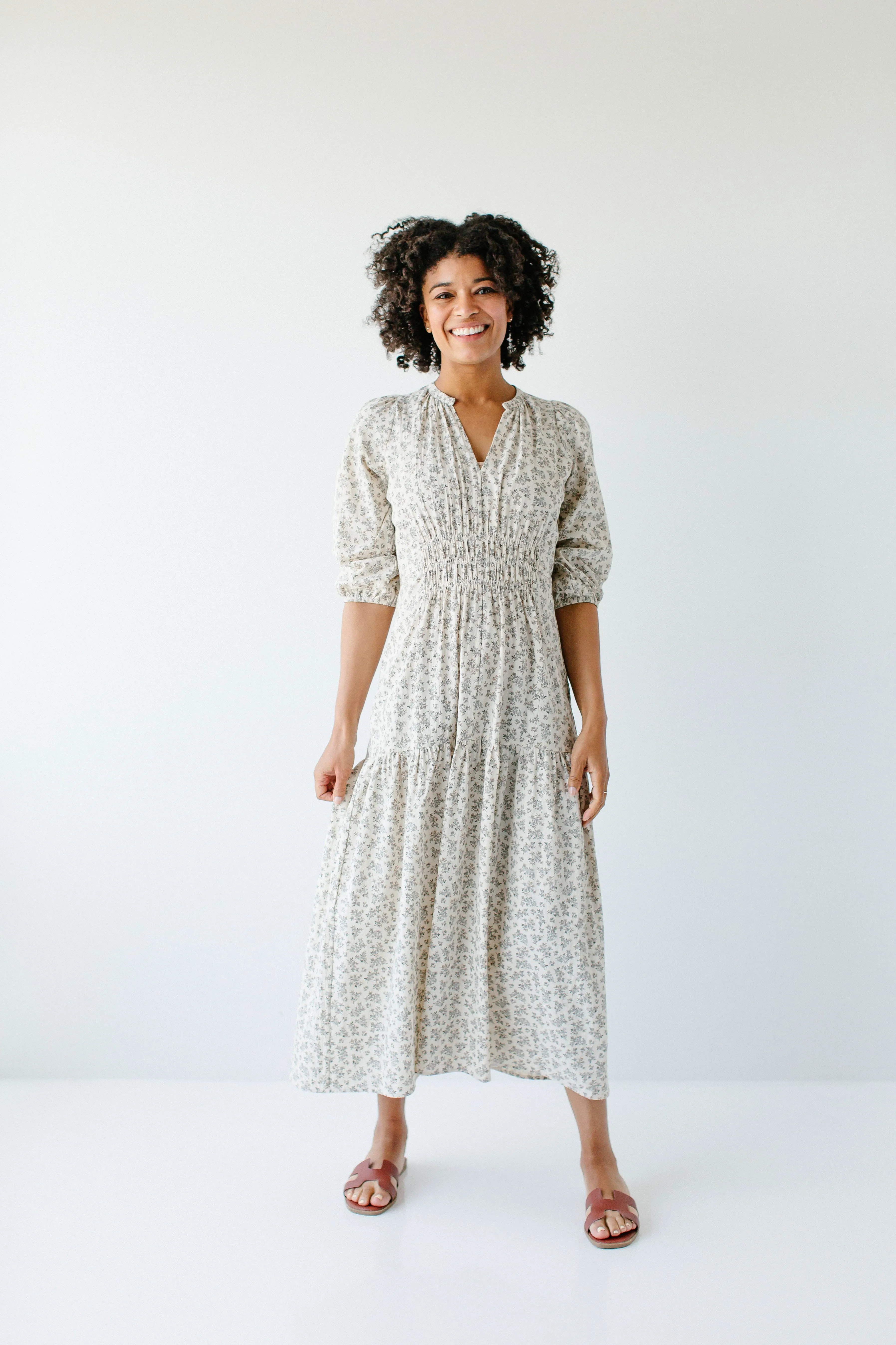 'Mercy' Natural Floral Cotton Midi Dress in Cream