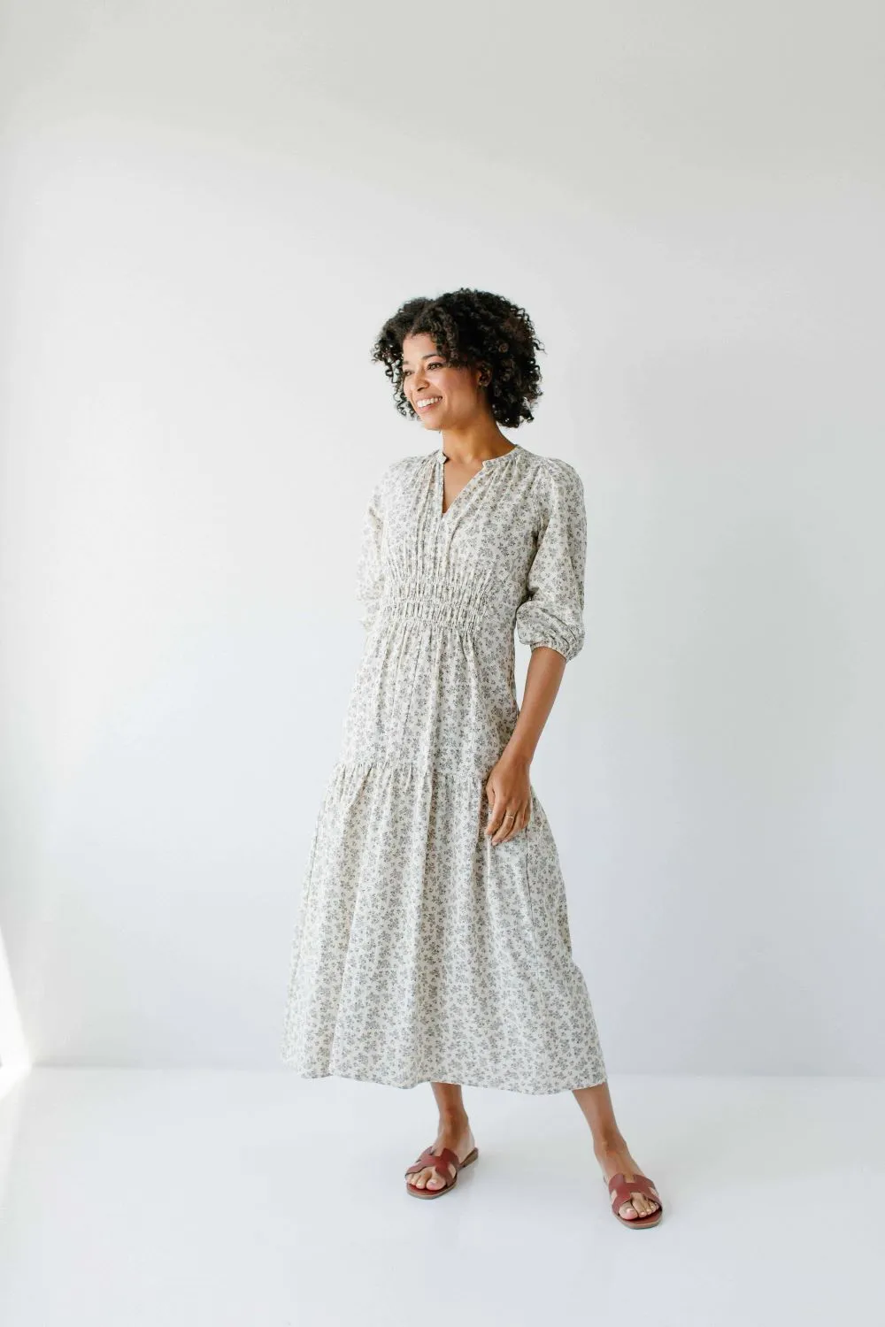 'Mercy' Natural Floral Cotton Midi Dress in Cream