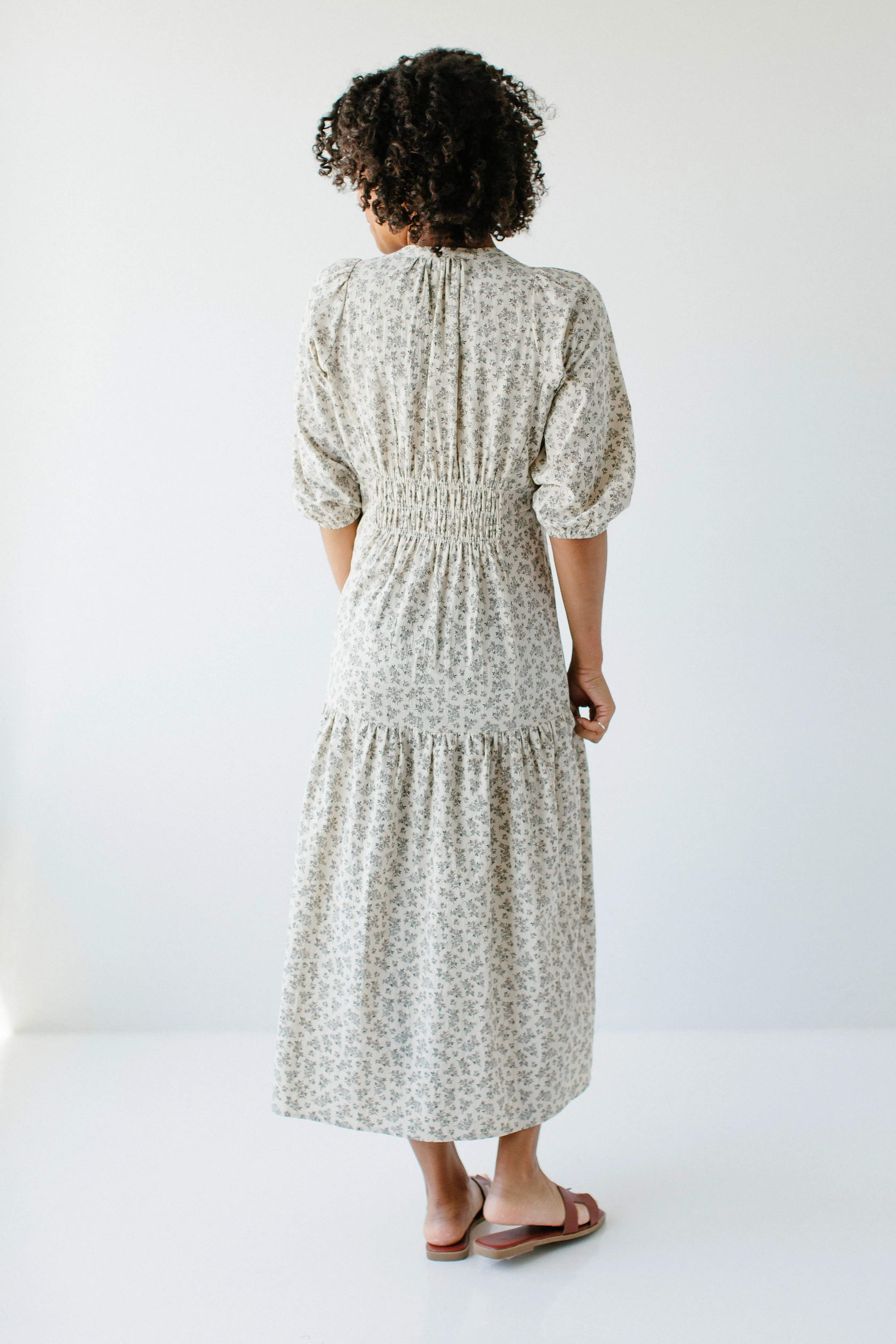 'Mercy' Natural Floral Cotton Midi Dress in Cream