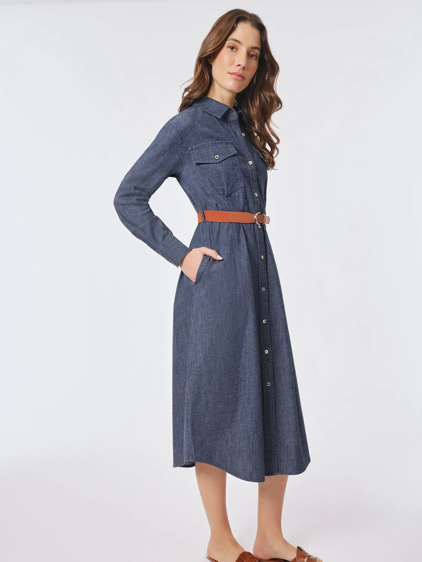 Midi Belted Denim Dress