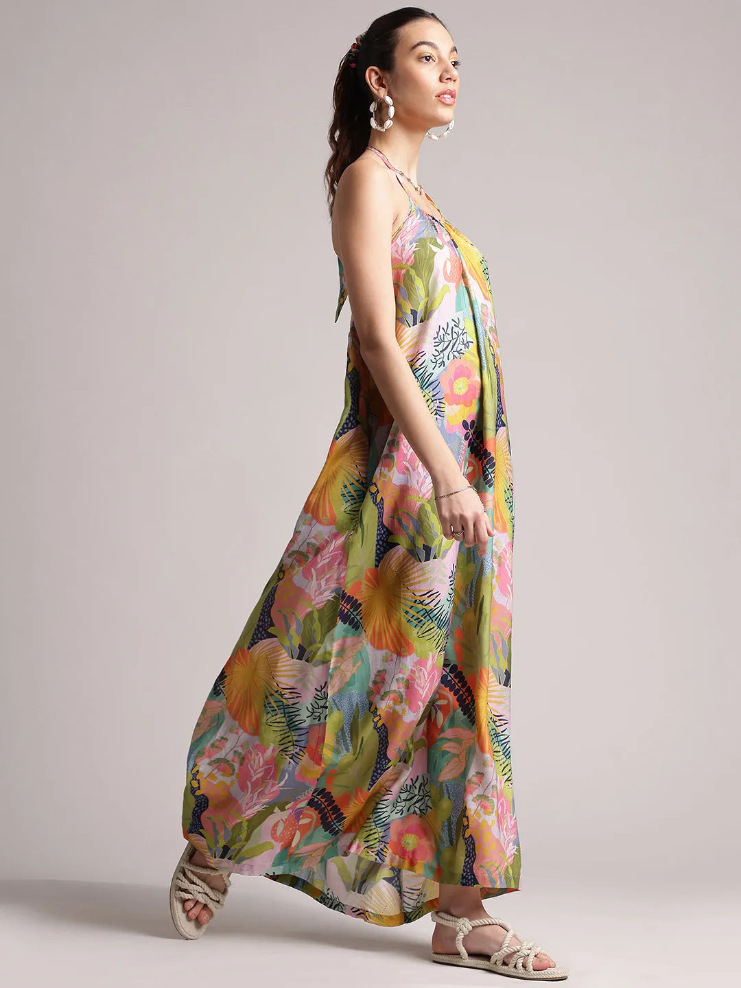 Multicolor Muslin Tropical Maxi Dress