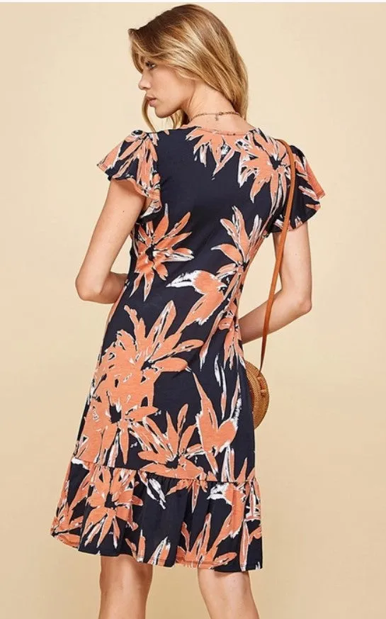 Navy/Orange Floral Ruffle Dress - #6408-6413