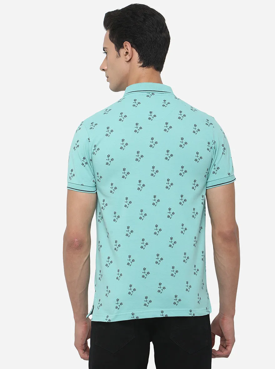 Ocean Blue Printed Slim Fit Polo T-Shirt | Greenfibre