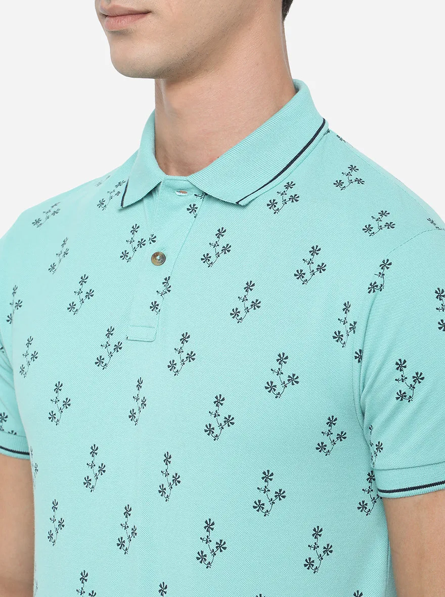 Ocean Blue Printed Slim Fit Polo T-Shirt | Greenfibre