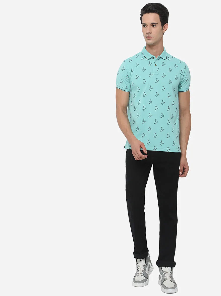 Ocean Blue Printed Slim Fit Polo T-Shirt | Greenfibre