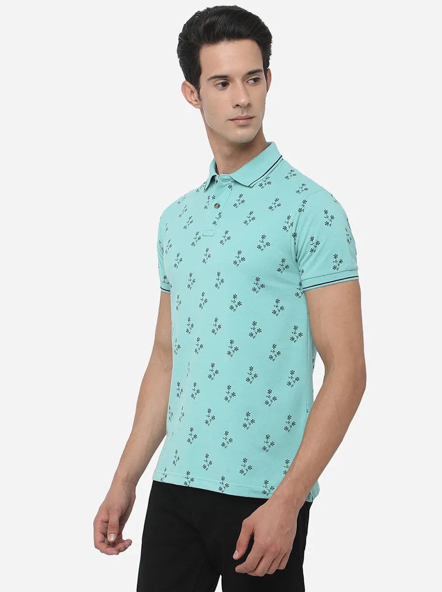 Ocean Blue Printed Slim Fit Polo T-Shirt | Greenfibre