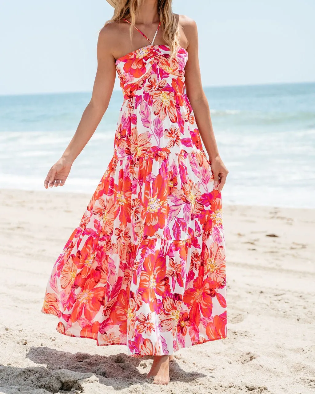 Orange Floral Print Halter Maxi Dress - FINAL SALE