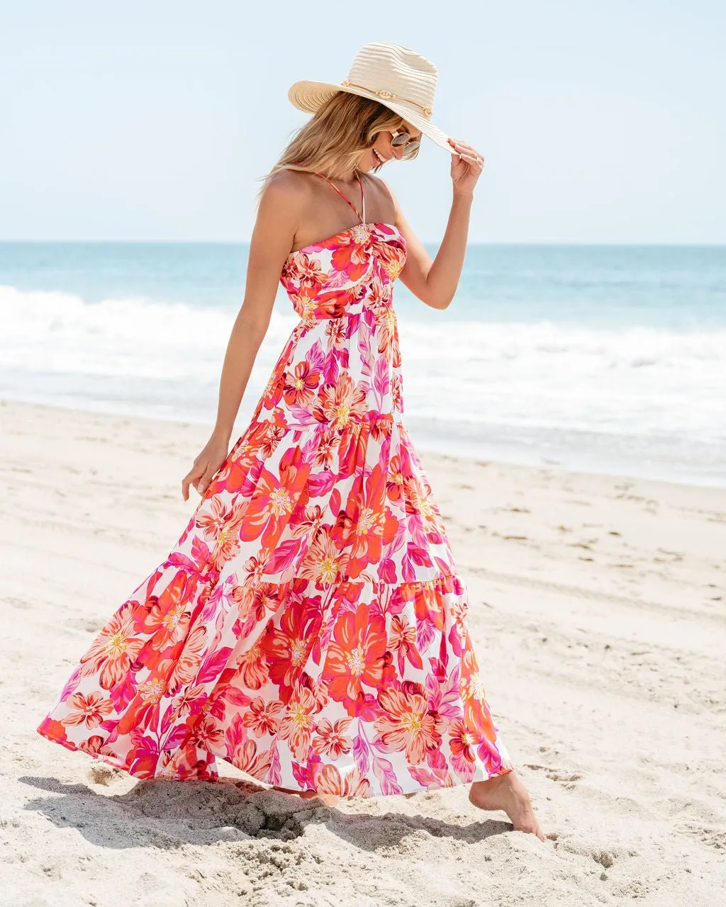 Orange Floral Print Halter Maxi Dress - FINAL SALE