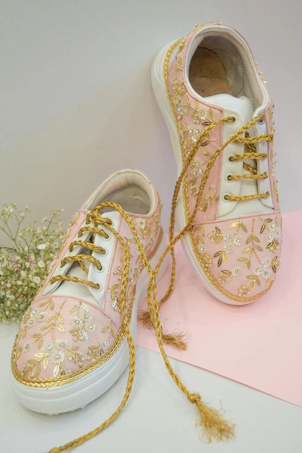 Pink Poly Silk & Rexine Embroidered Sneakers