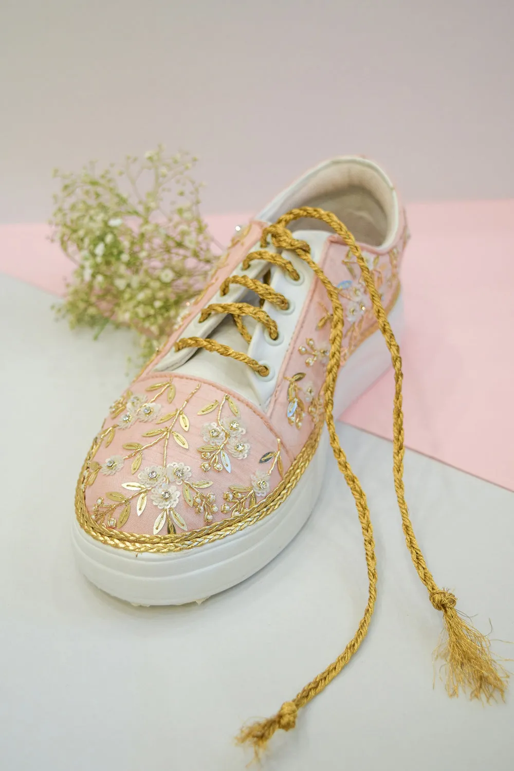 Pink Poly Silk & Rexine Embroidered Sneakers