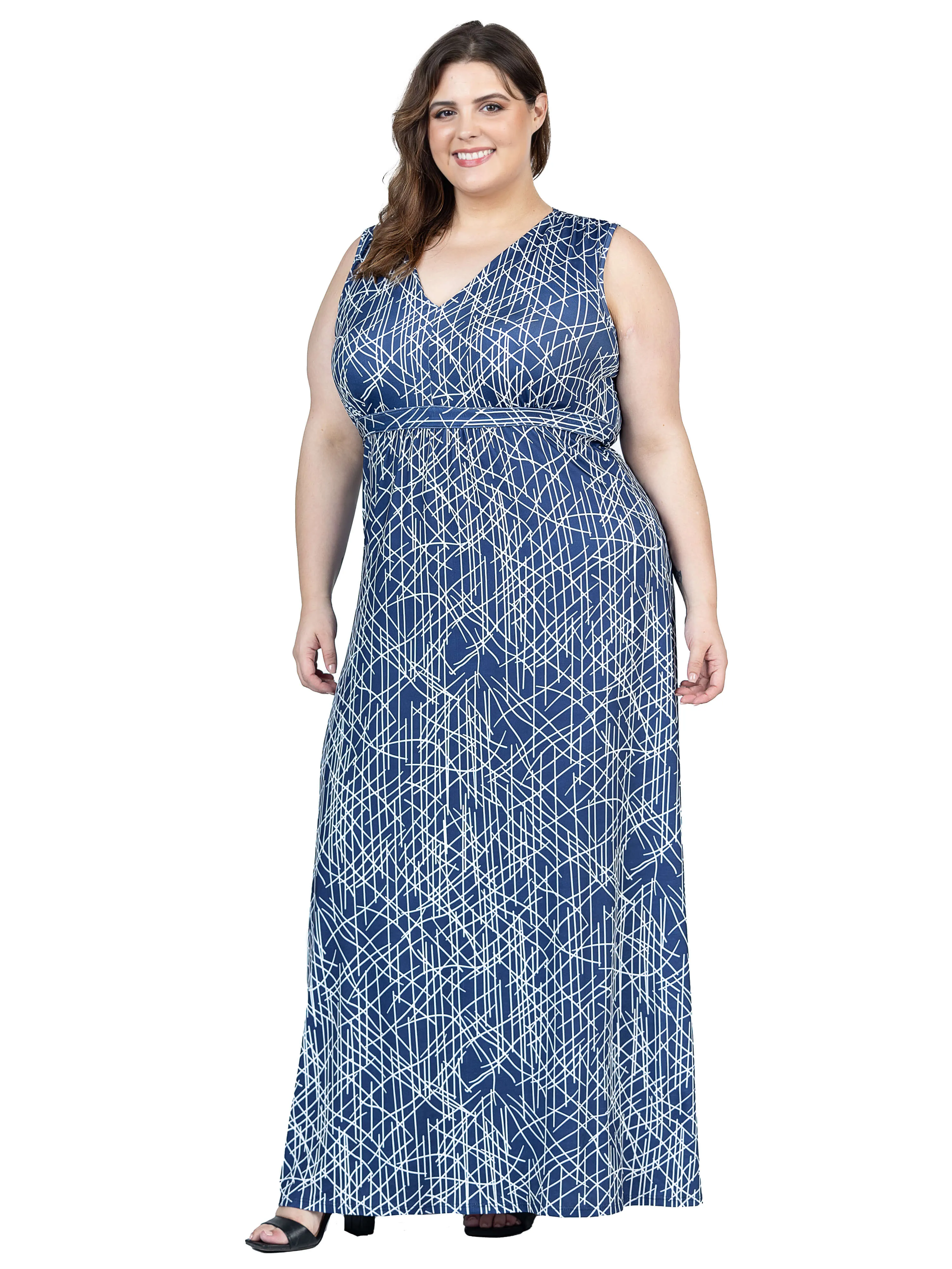 Plus Size Navy Abstract  Print V Neck Empire Waist Sleeveless Maxi Dress