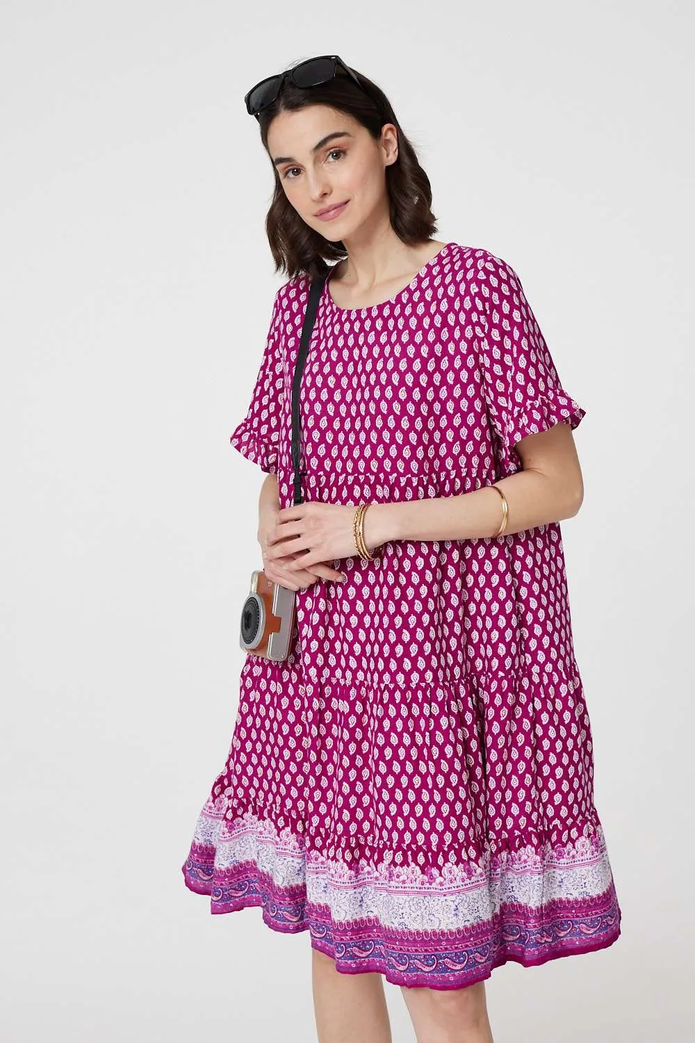 Printed Short Sleeve Tiered Smock Dress