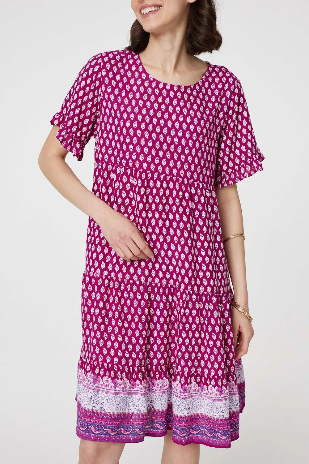 Printed Short Sleeve Tiered Smock Dress