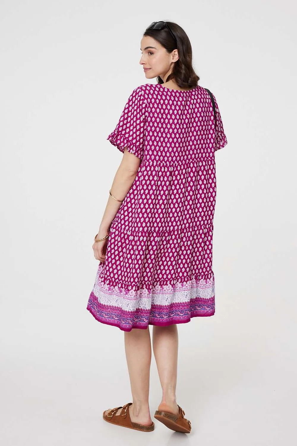 Printed Short Sleeve Tiered Smock Dress