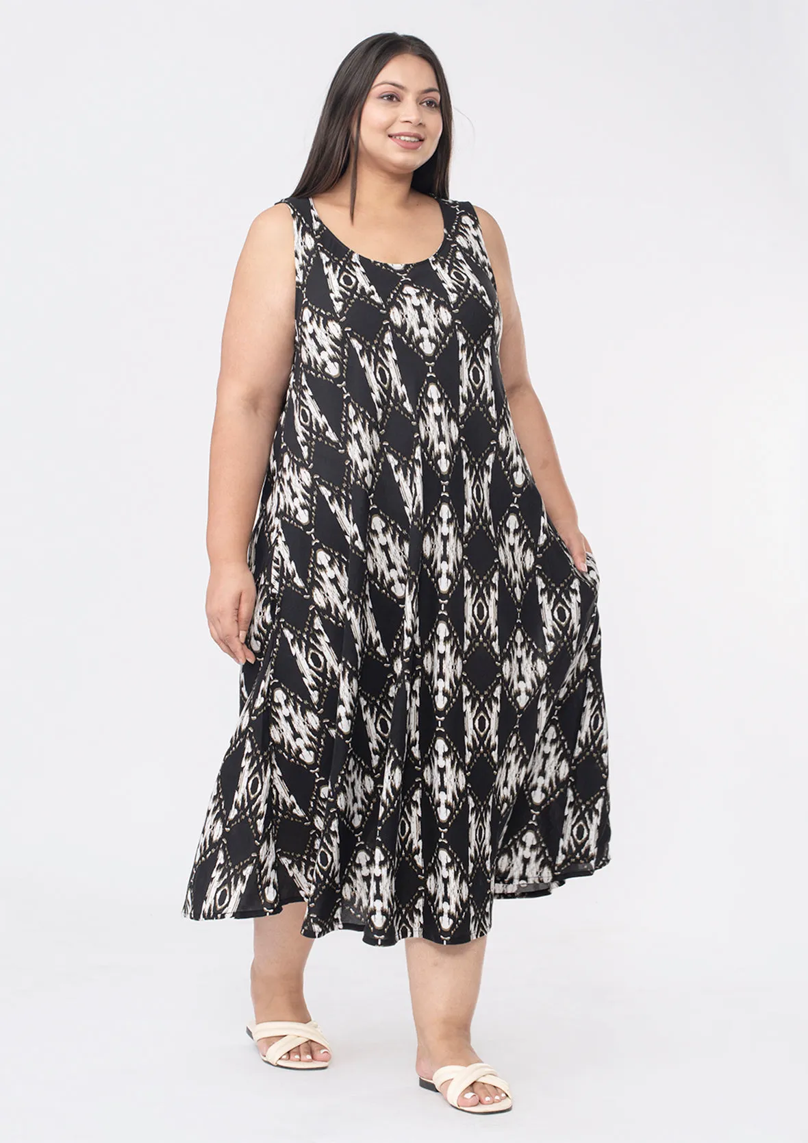 Printed Umbrella Midi Dress With Pockets