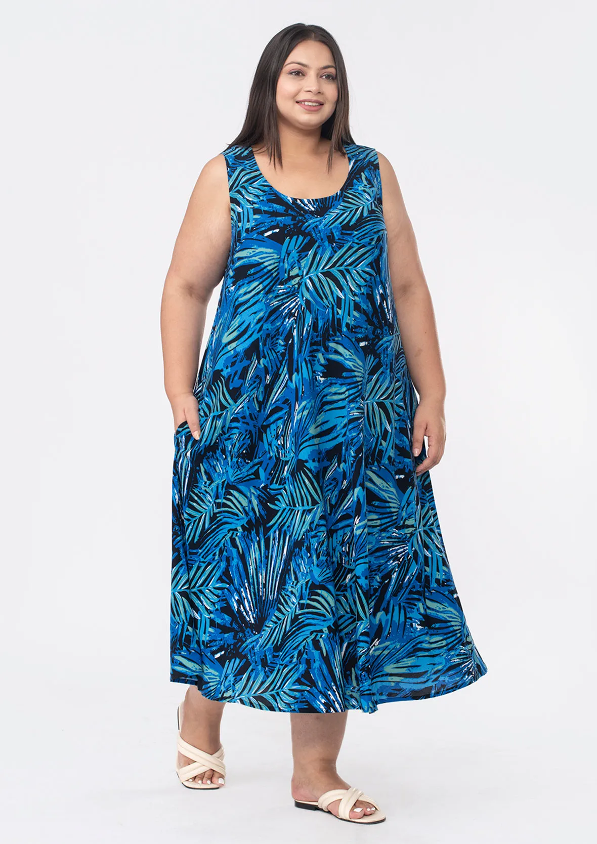 Printed Umbrella Midi Dress With Pockets